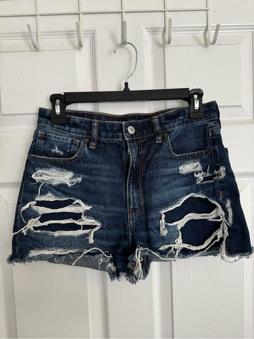 American Eagle High-Rise Dark Blue Distressed Denim Shorts with Frayed Hem